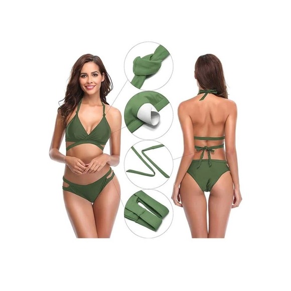 Green Wrap Criss Cross Wrap Knot Halter Triangle Bikini Medium - Picture 3 of 4